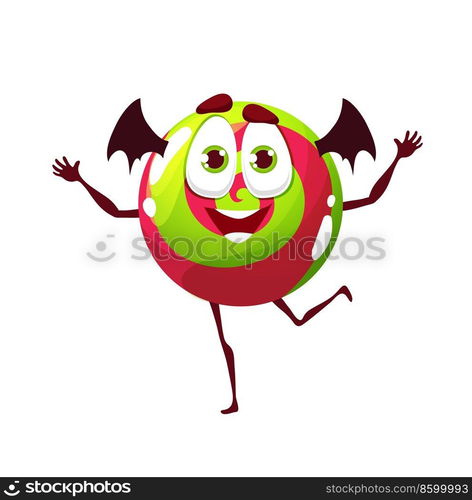 Halloween lollipop with bat wings. Cartoon naughty dragee vector character, funny dessert for kids trick or treat party. Isolated sweet monster patisserie personage with cute smile face, holiday snack. Halloween lollipop with bat wings, cartoon dragee