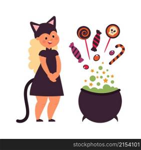 Halloween magic witch cauldron make sweets. Cute little girl wear black cat costume vector concept. Illustration of halloween cauldron, witch magic potion. Halloween magic witch cauldron make sweets. Cute little girl wear black cat costume vector concept