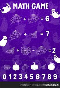 Halloween math game worksheet. Cartoon spiderweb and cobweb, ghost silhouettes. Kids educational puzzle game, mathematical riddle with addition and subtraction task, spider web and spooky ghosts. Halloween math game with spiderweb and ghosts