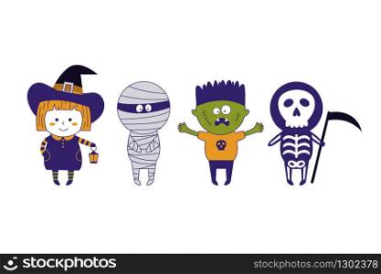 Halloween monster costume. Vector hand-drawn illustration with mummy, skeleton, Frankenstein, witches on a white background.