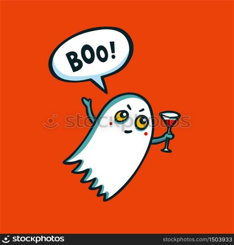 Halloween monster. Cute ghost with cocktail and boo speech bubble on orange background. Cartoon Vector illustration. Halloween monster. Cute ghost with cocktail and boo speech bubble on orange background. Cartoon Vector illustration.