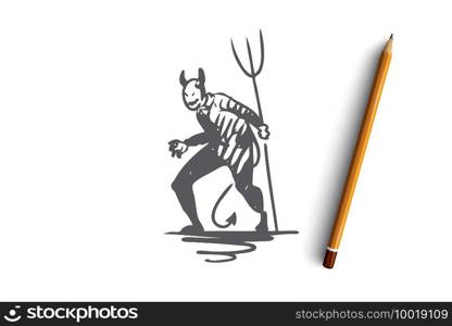 Halloween, monster, devil, scary, pitchfork concept. Hand drawn Halloween monster devil with pitchfork concept sketch. Isolated vector illustration.. Halloween, monster, devil, scary, pitchfork concept. Hand drawn isolated vector.
