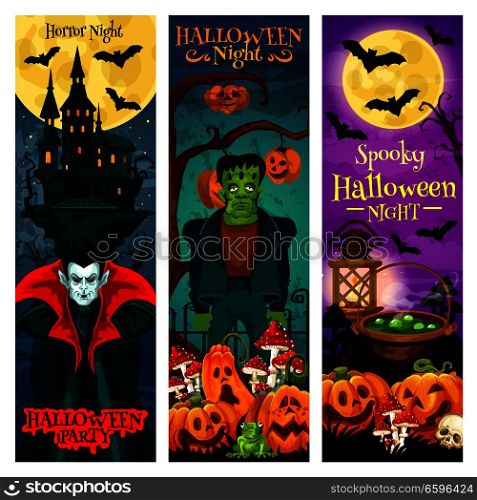 Halloween monster party invitation banner for october holiday celebration. Horror zombie, vampire and spooky ghost house, pumpkin lantern, bat and full moon, cemetery and potion for promo flyer design. Halloween monster party invitation banner design