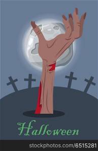 Halloween mystical concept. Zombie hand sticking out from the ground on cemetery the night of the full moon flat vector illustration. Human limb appear from the grave. Undead monsters arises to world. Halloween Vector Concept with Zombie Hand on Grave. Halloween Vector Concept with Zombie Hand on Grave