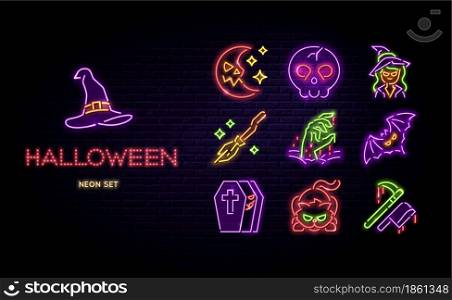 Halloween neon icons vector set. Happy halloween glowing light line signs isolated on dark brick wall background. Halloween typographic led design.