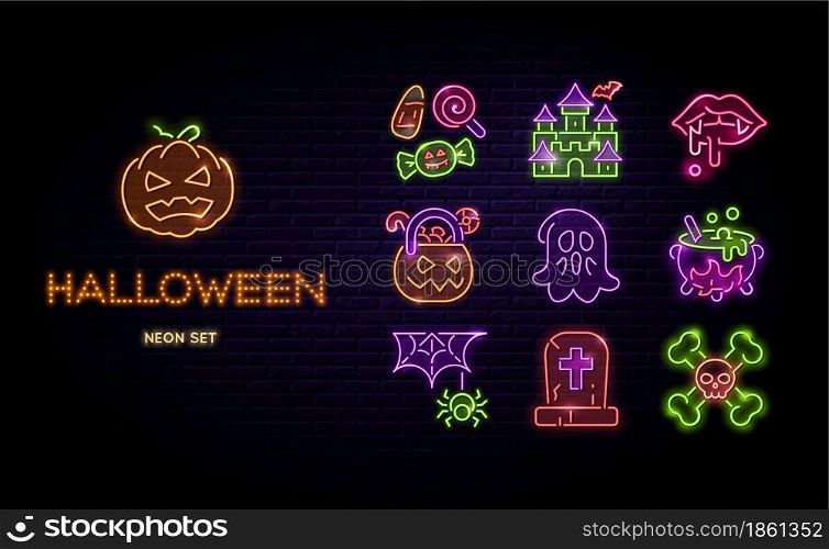 Halloween neon icons vector set. Happy halloween signs glowing light line signs isolated on dark brick wall background. Halloween typographic led design