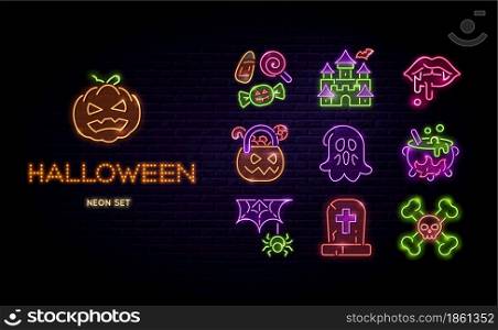 Halloween neon icons vector set. Happy halloween signs glowing light line signs isolated on dark brick wall background. Halloween typographic led design