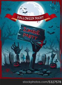 Halloween Night and Zombie Party Spooky Poster. Halloween Night and Zombie Party Spooky Poster. Vector illustration of cemetery with hands of dead people rising from ground and full moon behind