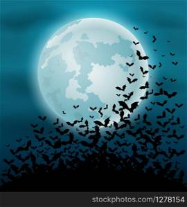 Halloween night background with bat and full moon
