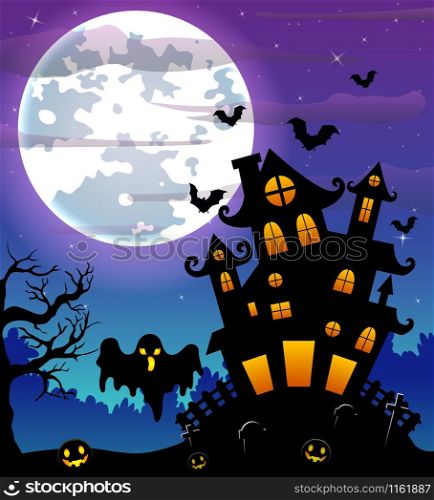 Halloween night background with black ghost and pumpkins and scary castle in graveyard