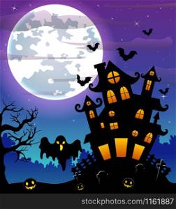 Halloween night background with black ghost and pumpkins and scary castle in graveyard