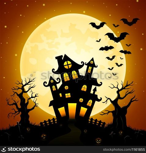 Halloween night background with castle, bats, trees and full moon