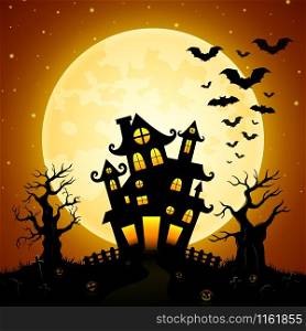 Halloween night background with castle, bats, trees and full moon
