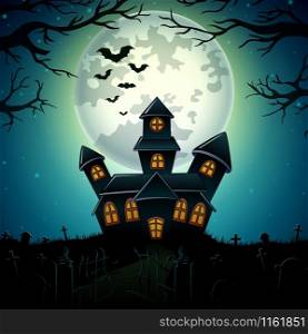Halloween night background with castle in graveyard