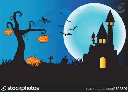 Halloween night background with castle on the moon background, pumpkins and witch, illustration.