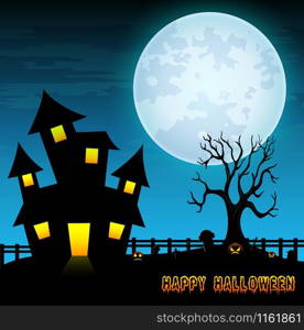 Halloween night background with creepy castle and dry tree in graveyard
