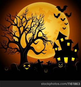 Halloween night background with creepy castle and graveyard