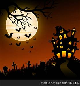Halloween night background with creepy castle and graveyard