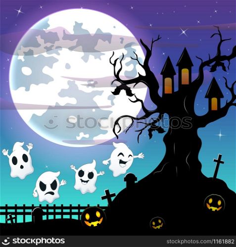 Halloween night background with flying ghost and bats hanging on scary tree house