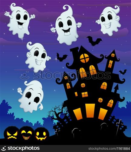 Halloween night background with flying ghost and bats hanging on scary tree house
