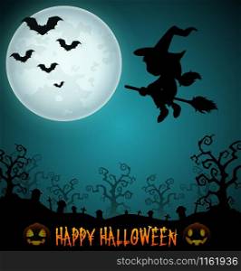 Halloween night background with flying little girl witch on broomstick in cemetery