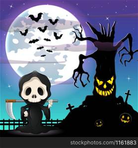 Halloween night background with Grim reaper and spooky tree in front the full moon