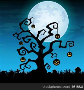 Halloween night background with hanging pumpkin on dry tree in graveyard