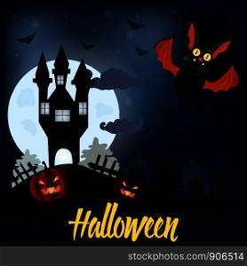 Halloween night background with house, pumpkins and bat. Halloween night background with creepy house, pumpkins and bat
