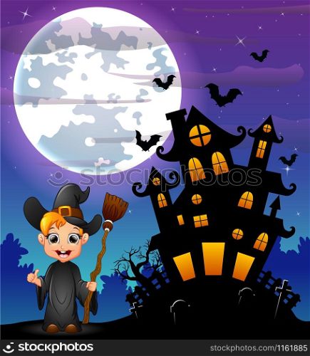 Halloween night background with little boy witch holding broomstick and scary castle in graveyard