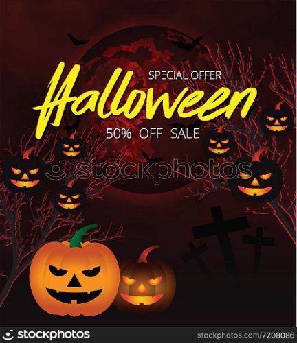 Halloween night background with pumpkin, blood moon. Flyer or invitation template for Halloween sale promotion banner. Vector illustration.