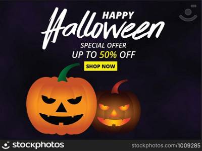 Halloween night background with pumpkin, Flyer or invitation template for Halloween sale promotion banner. Vector illustration.