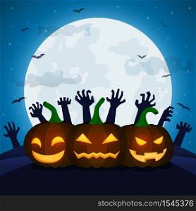 Halloween night background with pumpkins, bats, full moon and space for your Halloween holiday text