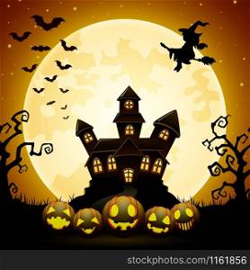 Halloween night background with pumpkins, witch flying, haunted castle and full moon