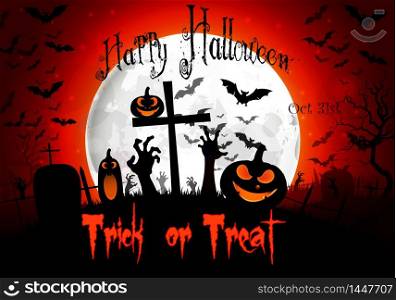 Halloween night background with zombies hand, bats and pumpkins on the full moon. vector