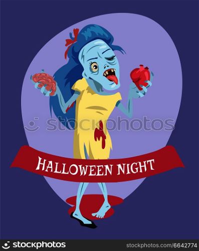 Halloween night banner representing lady zombie holding heart and brain in her hands, blood below vector illustration isolated on purple with text. Halloween Night Lady Zombie Vector Illustration
