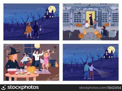 Halloween night celebration flat color vector illustration set. Autumnal holiday tradition. Haunted mansion. Celebrating people 2D cartoon characters with outdoors on background collection. Halloween night celebration flat color vector illustration set