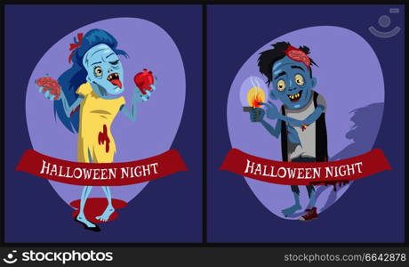 Halloween night comic images set of female zombie holding brain and heart and male burning his finger and smiling vector illustration. Halloween Night Comic Images Vector Illustration