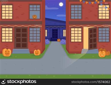 Halloween night flat color vector illustration. National event in city. Buildings with bunting and garlands. Traditional midnight 2D cartoon cityscape with decorated houses on background. Halloween night flat color vector illustration