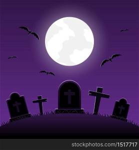 Halloween night, graveyard with cross on moonlight background, vector illustration