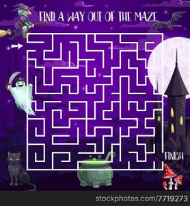 Halloween night labyrinth maze kids game with spooky characters. Vector puzzle, children task, find correct way board game with ghosts at haunted castle, witch on broom, black cat and potion in pot. Halloween night labyrinth maze kids game, puzzle