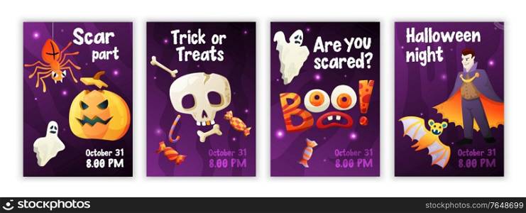 Halloween night party 4 festive bright scary posters set with spiders skulls bones pumpkin head vector illustration