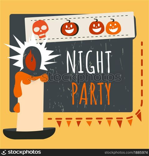 Halloween night party for celebration of all hallows eve day. Light of candle, carved pumpkins faces and skull. Jack o lanterns with grin or smile, partying on festive event. Vector in flat style. Night party on Halloween, lit candle and pumpkins