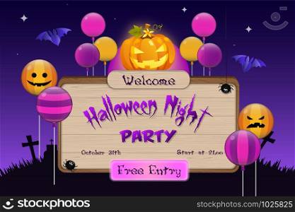 Halloween night party invitation board template background, Vector Illustration