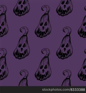 Halloween night seamless pattern. Purple background with pumpkin heads. Autumn design for the holiday. Scary holiday sketch horror vector illustration. Halloween night seamless pattern