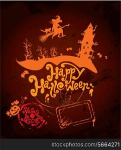 Halloween night: sillouette of witch and cat flying on broom to mystery house. Card with calligraphic text Happy Halloween and Halloween Party and empty space to write place and date of party.
