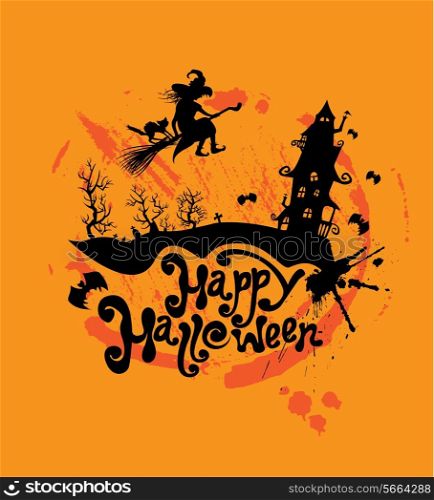Halloween night: sillouette of witch and cat flying on broom to mystery house. Card with calligraphic text Happy Halloween