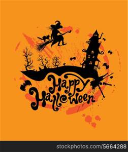 Halloween night: sillouette of witch and cat flying on broom to mystery house. Card with calligraphic text Happy Halloween