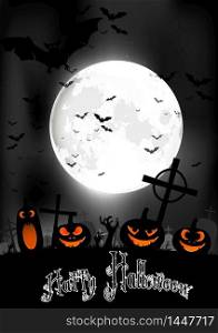 Halloween night with pumpkins and bats on graveyard on the full moon. vector