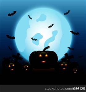 Halloween night with pumpkins on blue Moon background, stock vector