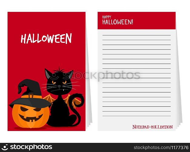 Halloween notepad collection. Notebook cover template with angry cat and pumpkin in witch hat. Halloween notepad with black cat and pumpkin vector illustration